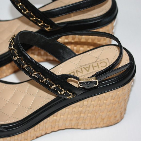 Chanel 20C Black Leather CC Chain Wicker Platform Wedge Sandal EU 40.5 / US 10.5 - Picture 5 of 11